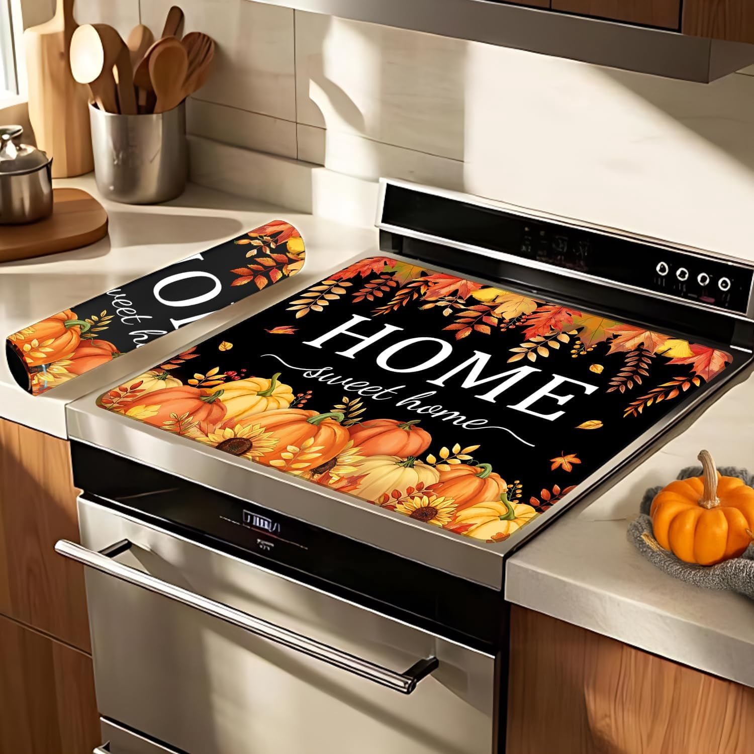 Fall Pumpkin Stove Cover For Electric Stove, 20x28 Glass Stove Top Mat Thanksgiving Heat Resist Electric Gas Range Mat Sweet Home Decor Glass Top Protector Black Kitchen Cooktop Pad