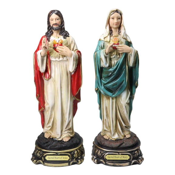 Catholic Sacred Heart of Mary and Jesus Christ Statue Set of 2 With Name Base