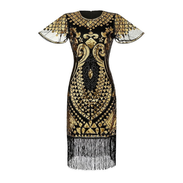 Vestido de fiesta estilo Gatsby de los años 20 con cuentas, malla retro, manga corta, lentejuelas y borlas, vestido de fiesta