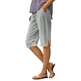 thumbnail image 2 of Knee Length Shorts for Women Summer Cotton Linen Elastic High Waist Straight Leg Side Split Hem Casual Shorts with Pockets, 2 of 5