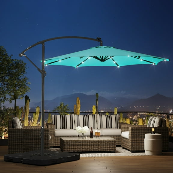 Polytrends 10 Ft. Solar Power Lighted Patio Umbrella with Base Stand Turquoise