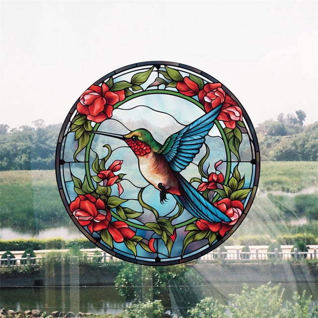 Pellicule pour Vitrail d'Intimité - Design Rond Coloré de Colibri - Adhérence Statique, Non Adhésive, Autocollant Décoratif pour la Maison - 25,4 x 25,4 cm - Couleur : Colibri