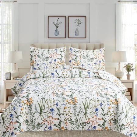 Green Essen Quilt Set Queen Size 3 Piece Bedspread Coverlet Home Lightweight Quilt Bedding Country Dark Scent Yellow Flower Quilt Soft Microfibers Quilt Bedspread with Pillow Shams
