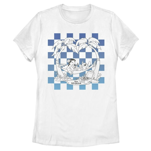 Womens Lilo & Stitch Blue Checkered Palm Trees T Shirt