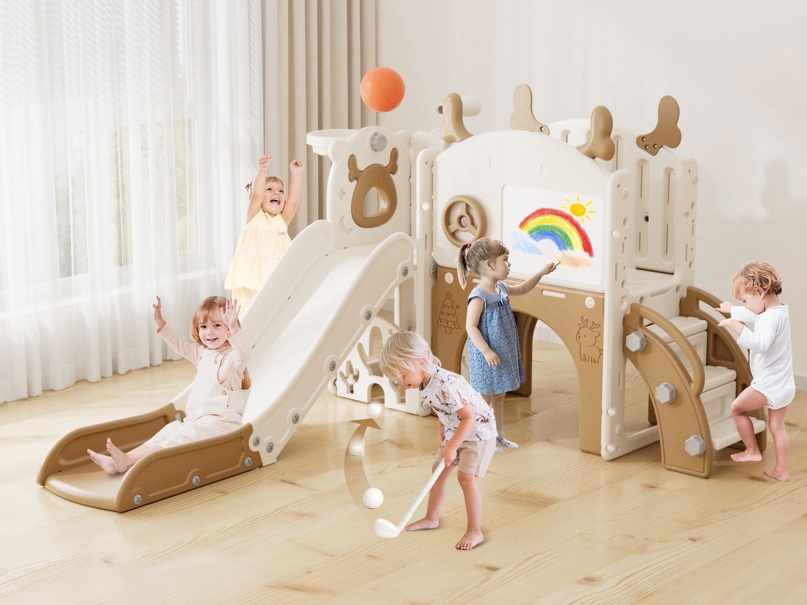 KORIMEFA 11-in-1 Toddler Slide, Kid Slide for Toddlers Age 1-3 with Golf Set, Ring Toss, Basketball Hoop, Drawing Board and Telescope, Indoor Outdoor Playset Playground, Coffee