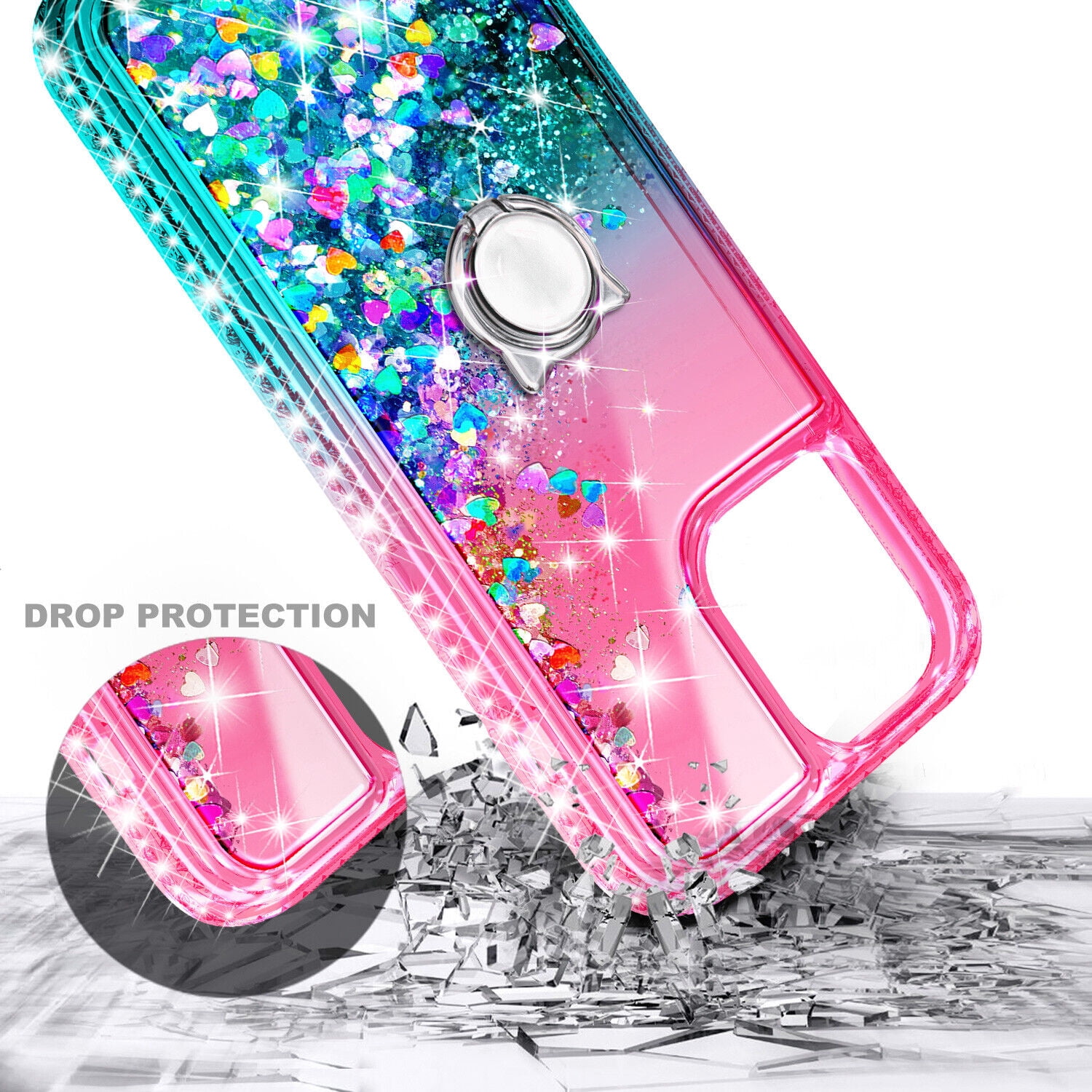 Case for iPhone 14 Plus, Moving Liquid Holographic Glitter Case with Kickstand, Women Slim Protective Case, Pink&Green