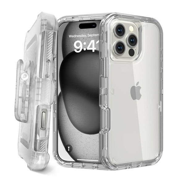 For Apple iPhone 16 Pro Max Transparent Dual Layer Heavy Duty Armor Defender Hybrid Case Cover With Clip Clear