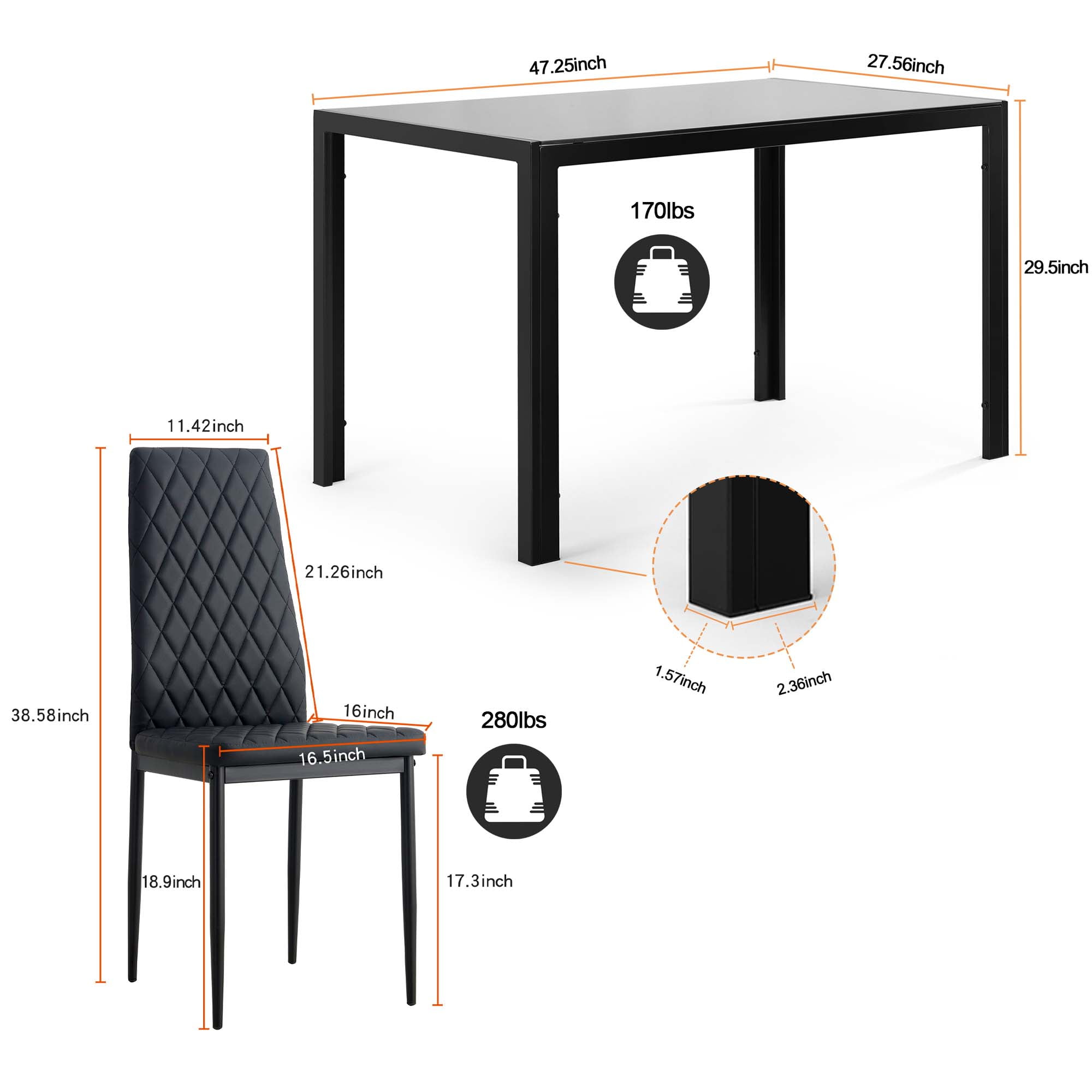 Aukfa 5-Piece Dining Table Set, Tempered Glass Dining Table with 4 Faux Leather Chairs for Dining Room, Kitchen - Black