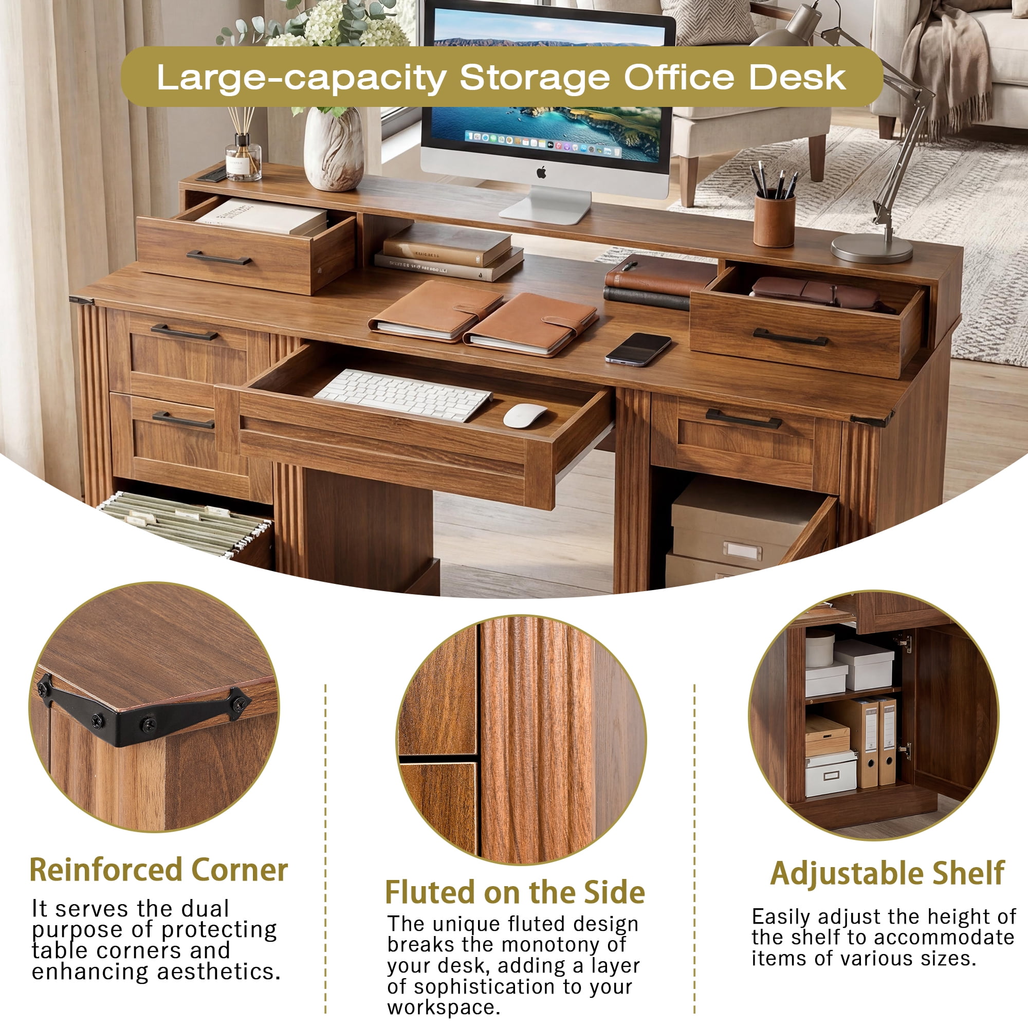 Mintazer 59" Farmhouse Office Desk with Charging Station & Storage Drawers, Computer Writing Desk with Monitor Stand & Keyboard Tray and File Cabinet for Study Living Room Home Office, Walnut