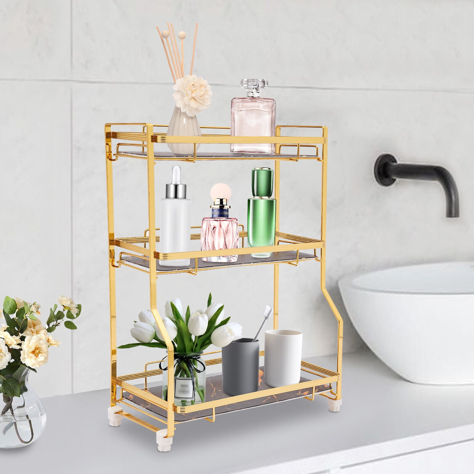 3 Tier Gold Countertop Organizer Bathroom Vanity Counter Box W/ Storage Basket