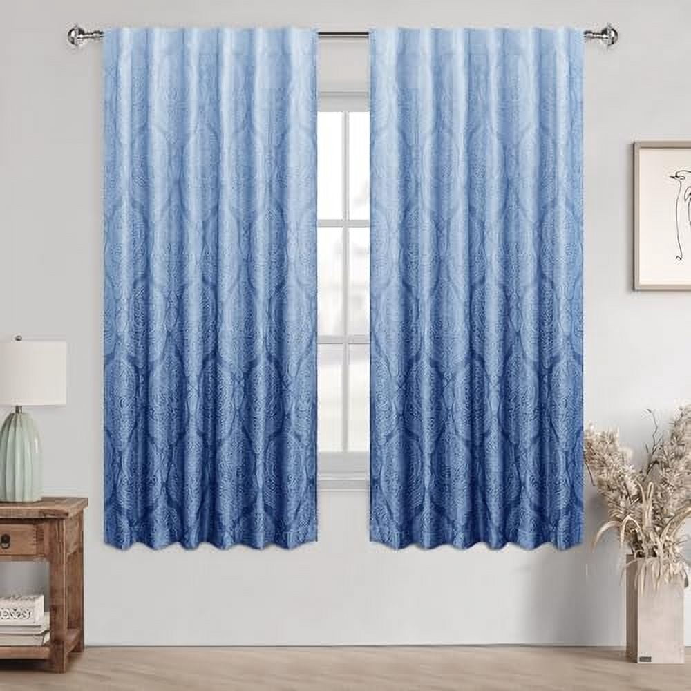 Hiasan Back Tab Ombre Blackout Curtains for Bedroom - 63 inches Long Damask Design Thermal Insulted Tieable Window Drapes Light Blackout Curtains for Dining Room, 2 Panels, W52 x L 63, Navy Blue