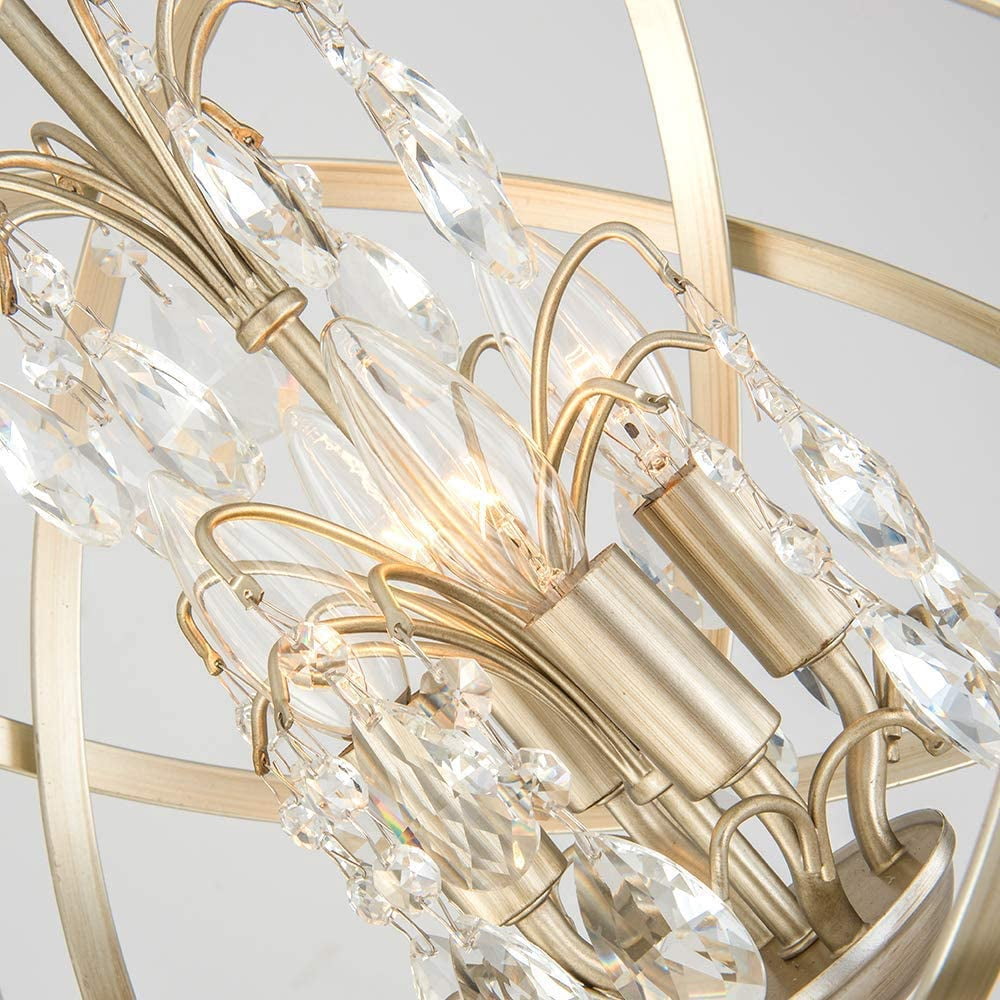 Maxax 4 Lights Cage Crystal Chandelier, Modern Globe Metal Pendant Lighting, Adjustable Sphere Farmhouse Hanging Ceiling lamp, for Kitchen, Entryway, Dining Room, Living Room, Champagne Gold