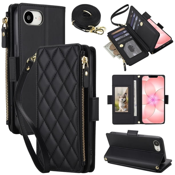 Para iPhone 17e / iPhone 16e Funda Tipo Cartera con Bloqueo RFID, Funda de Teléfono Tipo Bolso Cruzado con 9 Ranuras para Tarjetas, Bolsillo con Cierre y Correa Desmontable, Negro, para iPhone 17e /