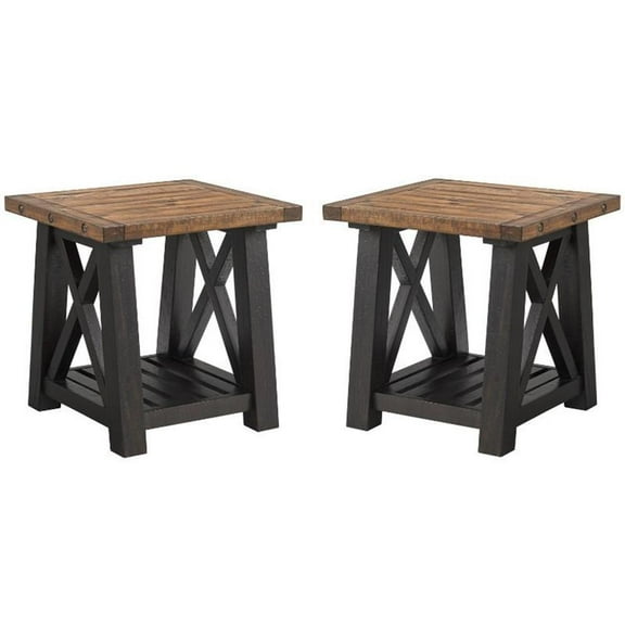 Home Square Bolton Solid Wood End Table in Black Stain and Natural - Set of 2