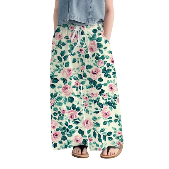 CPNG Girls Casual Flower Print Pants Summer Lightweight Sweet and Fashionable Loose Elastic Waist Drawstring Long Trousers(Green,10-11 Years)