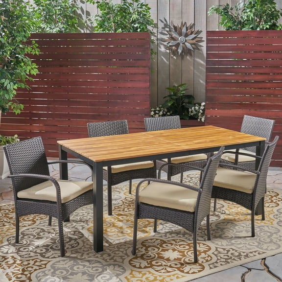 Maximus Outdoor 7 Piece Acacia Wood Dining Set with Wicker Chairs, Teak Finish