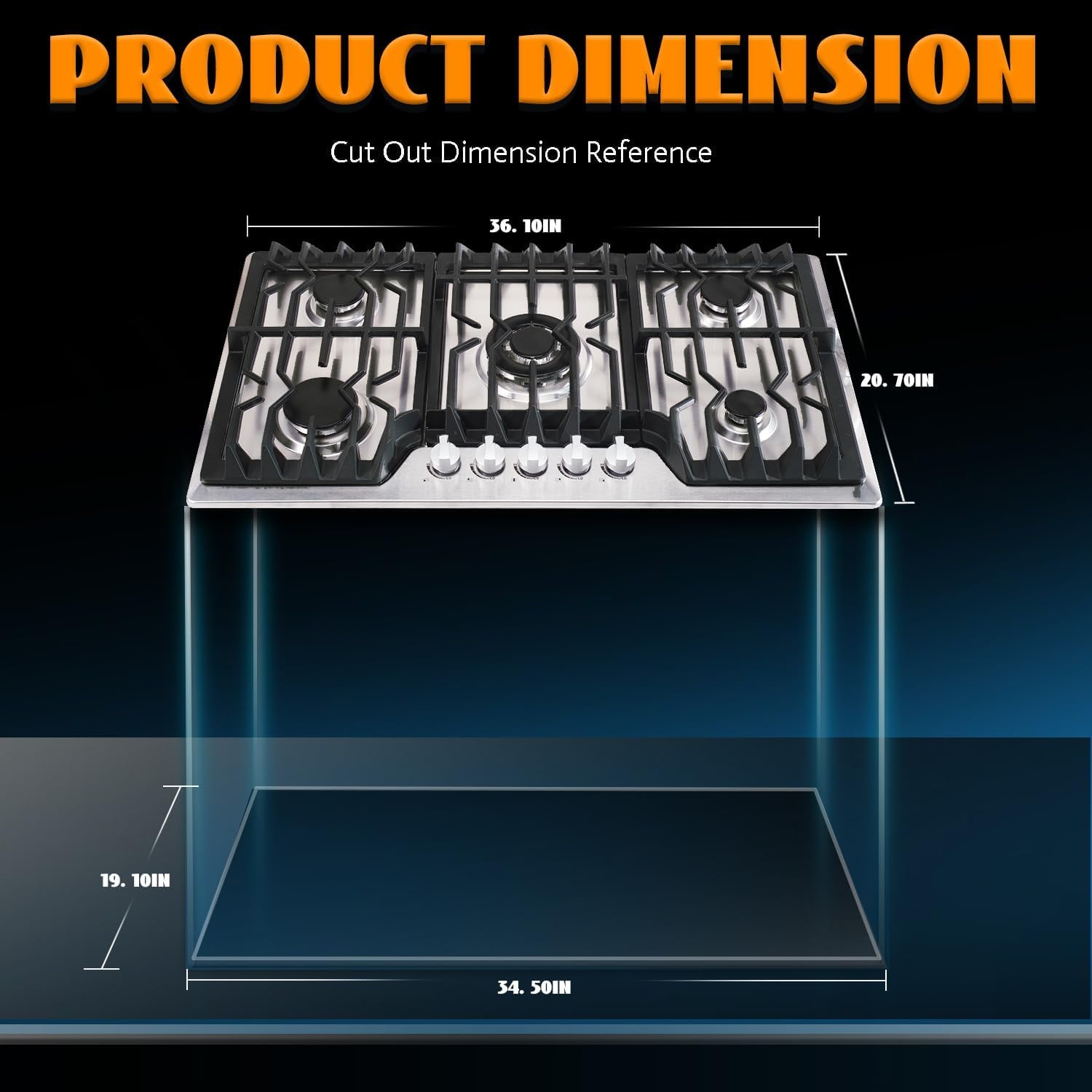 TOPWISH 36" Built-in Gas Cooktop, 5 ITALY SABAF Sealed Burners Gas Rangetop 37,600BTU, NG/LPG Convertible, Stainless Steel Burner Gas Stovetop with Thermocouple Protection,120V AC