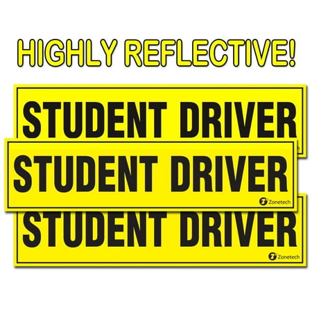 Zone Tech Set of 3 - Student Driver Magnets - Reflective Vehicle Car Sign-Black Letters on a Yellow Reflective Background 12 X 3 X 0.1 Inches