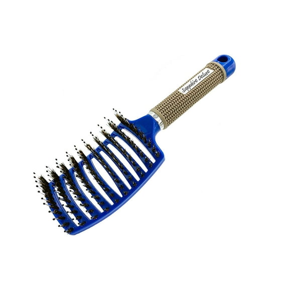 Premium Blue Vent Boar Bristle Hair Brush Vented Detangling Oversize Hair Brush for Thick Long Curly Hair, Curved Fast Blow Drying Brush for Women & Men