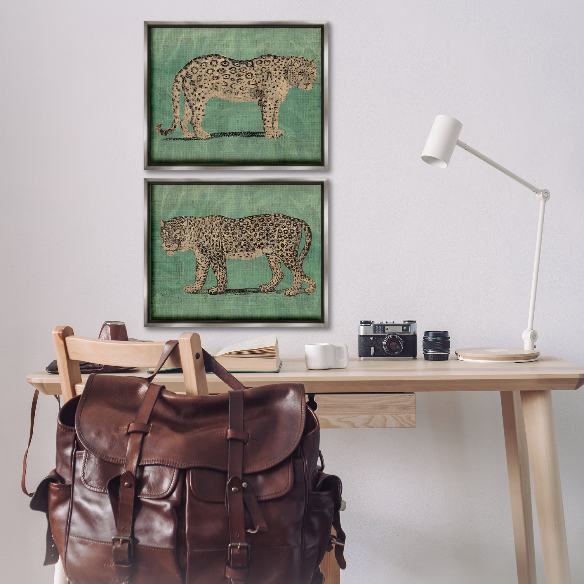 Stupell Industries Stunned Jaguar Hunting Animals Painting Gray Floater Framed Canvas Art Print Wall Art, 21 x 17, Set of 2