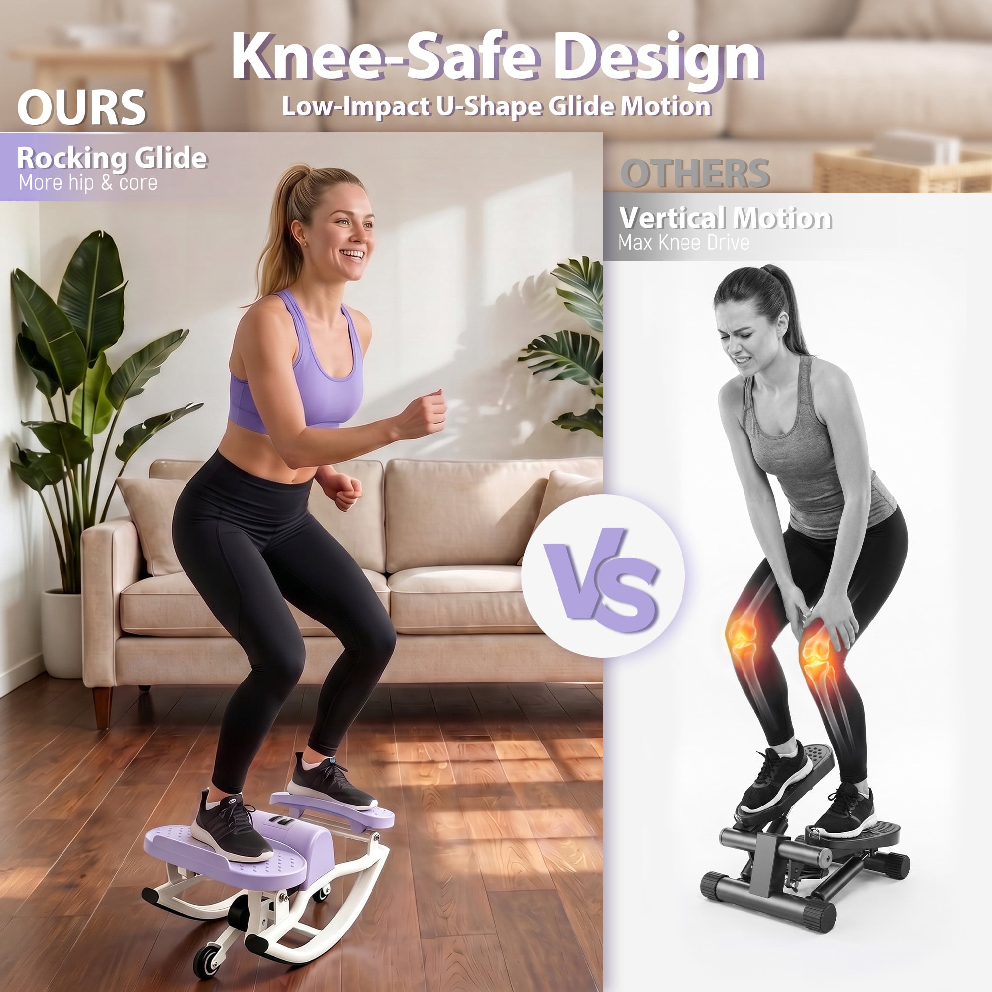 Leumius Rock Stepper for Exercise,Side-to-Side Stepper Machine with Resistance Bands & Digital Display,Foldable Mini Stepper for Home Workout,Purple