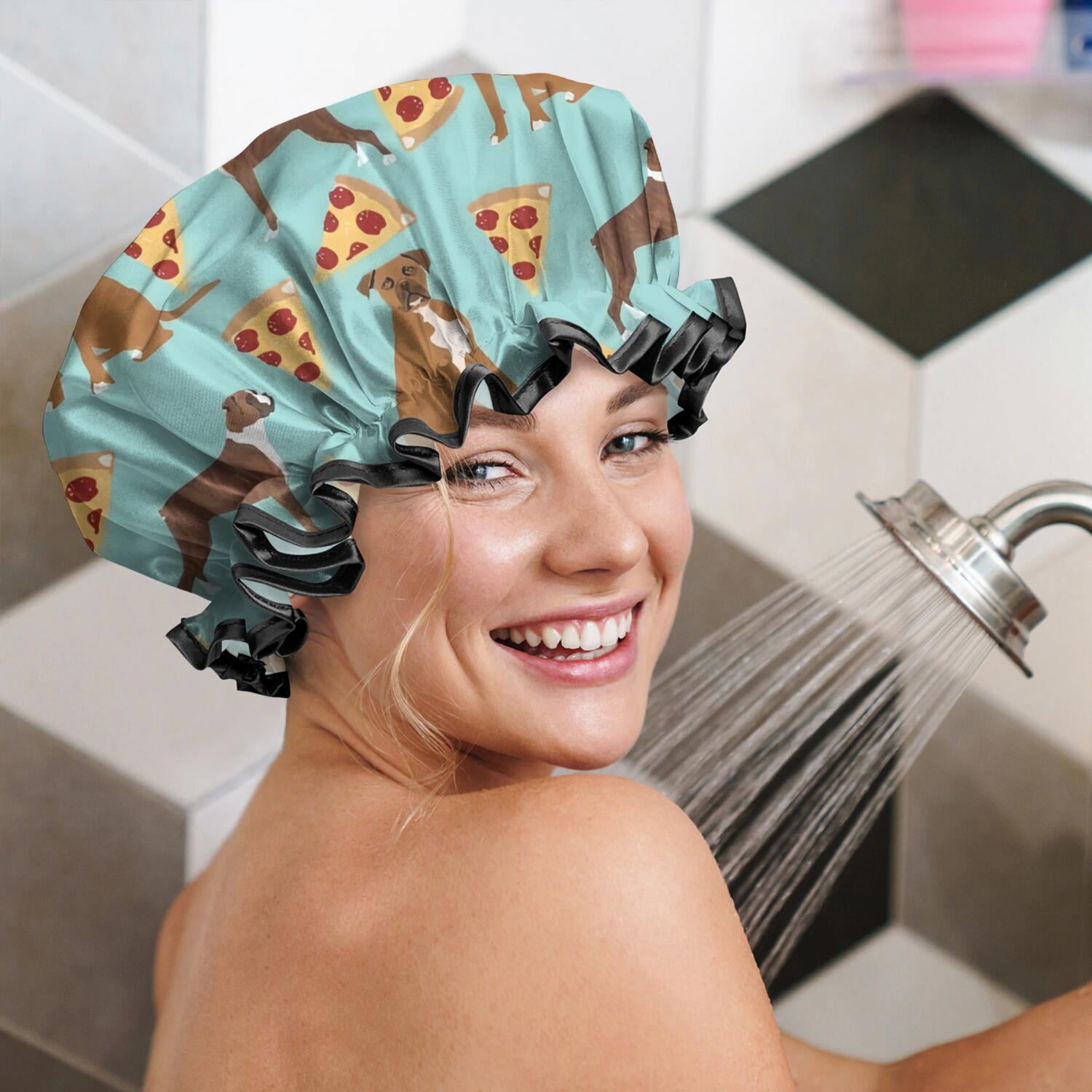 Shower Caps,Boxer Dog Pitbull Terriers Dog and Pizza Waterproof Shower Cap for Women 4 Pieces,Double Reusable Hair Cover for Shower PEVA Elastic Stretch Hem