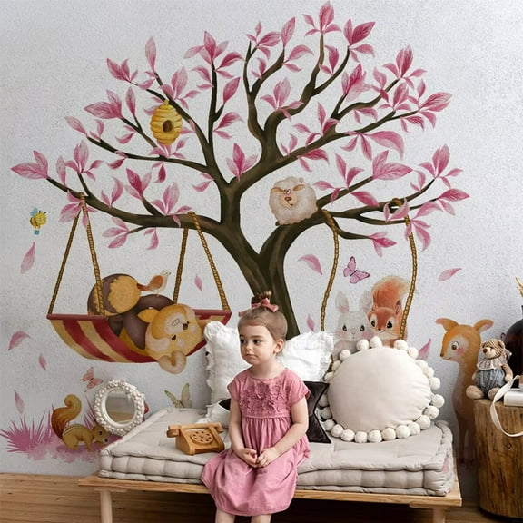 Cute Jungle Theme Wall Stickers Removable Animal Forest Wall Decals Elephant Monkey Lion Giraffe Zebra Peel and Stick Tropical Wall Art Decor for Nursery Bedroom Classroom (Pink)