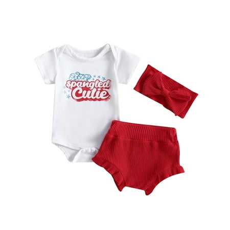 

Qtinghua 4th of July Baby Girl Outfits Short Sleeve Romper Ribbed Ruffle Shorts Headband 3Pcs Independence Clothes White 6-12 Months