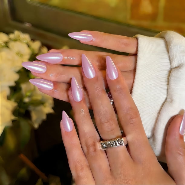 Press On Nails JOYVVEW con forma de almendra rosa cromada, 24 unidades