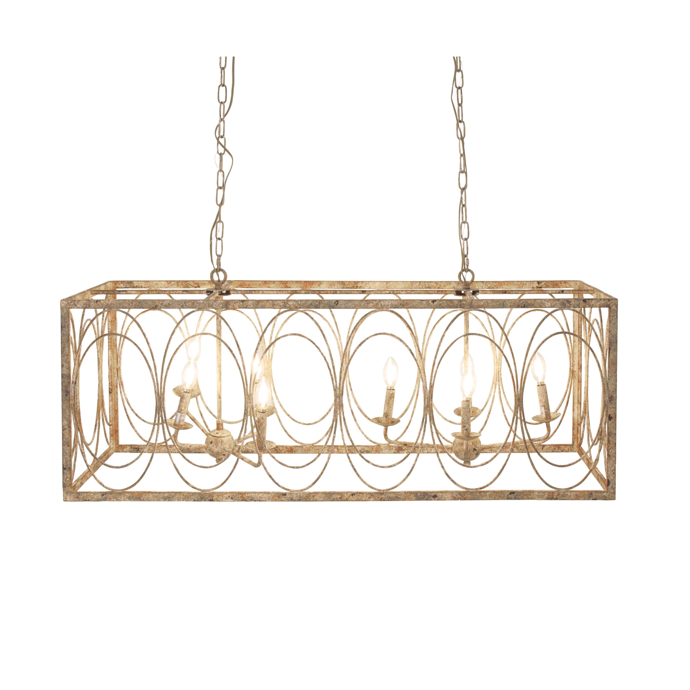 DecMode 48" x 18" Gold Metal Distressed Caged 8 Light Chandelier with Link Style Chain, 1-Piece