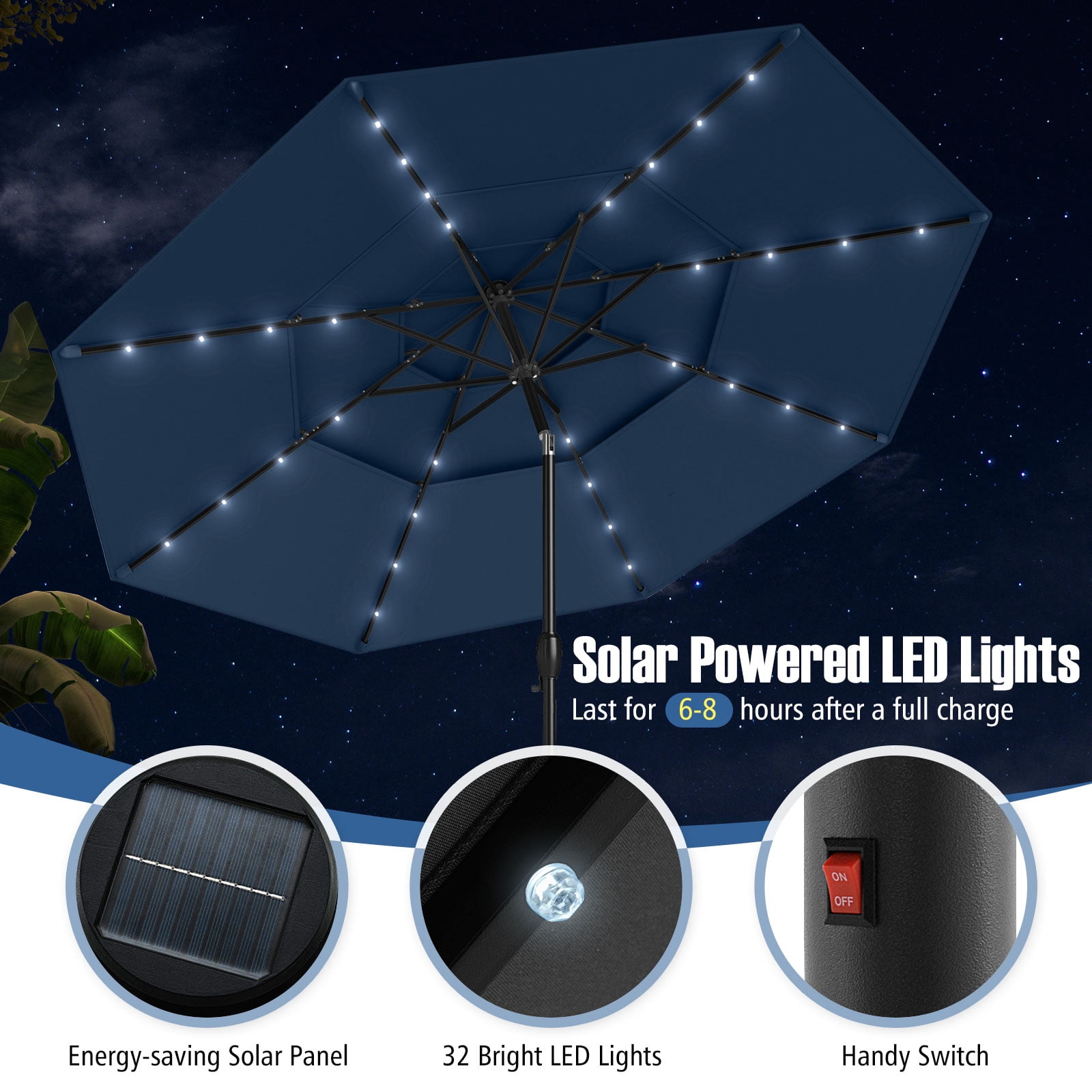 Gymax 10 FT Solar Patio Umbrella w/ 32 LED Lights 3-Tier Vented Top Tilt Adjustment Navy