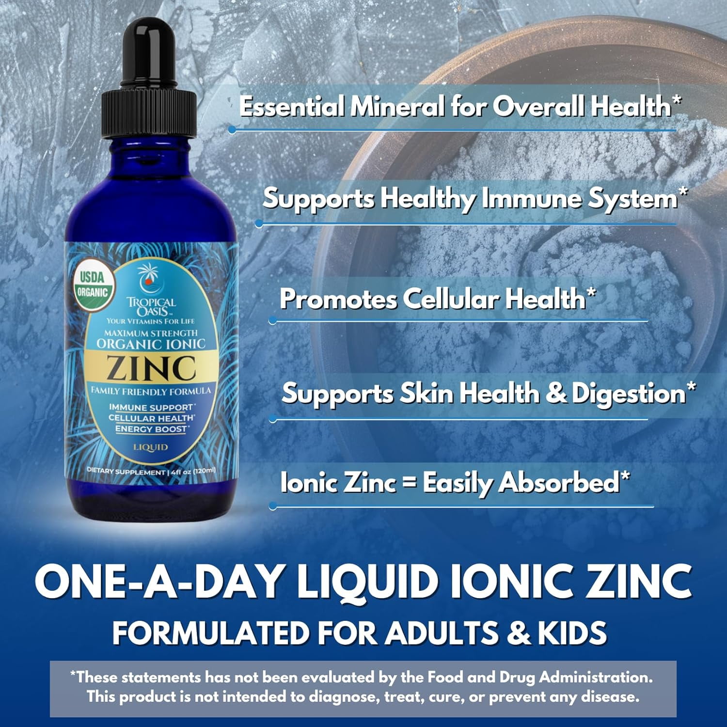 Tropical Oasis Ionic Zinc Drops for Kids & Adults, Maximum Strength Liquid Vitamin Vitamin Supplement for Immunity and Skin health, 4 Oz, 150 Servings