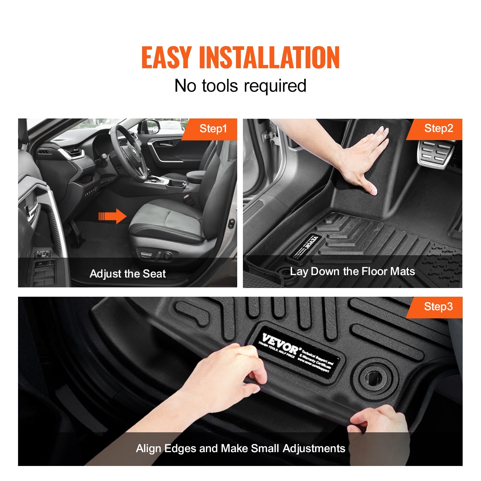 VEVOR Automotive Floor Mats, Fits for Toyota RAV4 (Not for Hybrid or Prime) 2019-2024, 3 pcs Front and 2nd Row Liners, All Weather Custom Fit TPE Vehicle Floor Mats, Easy to Clean for SUV, Black