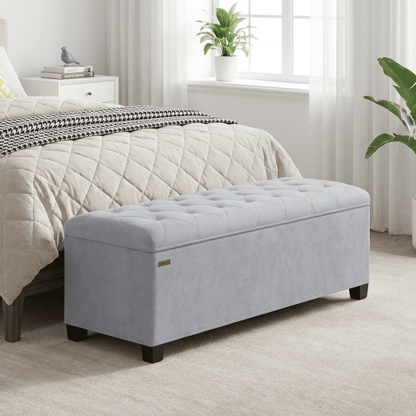 LEDREM 43-Inch Velvet Storage Ottoman Bench with Removable Cover, 660LB Capacity Multi-Functional Footrest for Living Room & Bedroom, Dove Gray