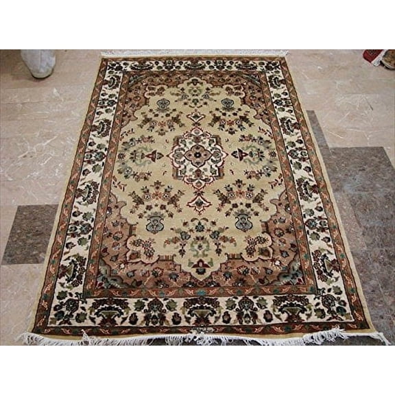 Ahmedani Linen Exclusive Cream Ivory Touch Flower Living Room & Bedroom Lovely Area Rug Hand-Knotted Wool Silk Indoor Carpet (6 x 4)'