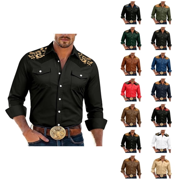 Western Cowboy Shirts for Men Long Sleeve Casual Collared Button Down Dress Shirt Mens Country Shirts