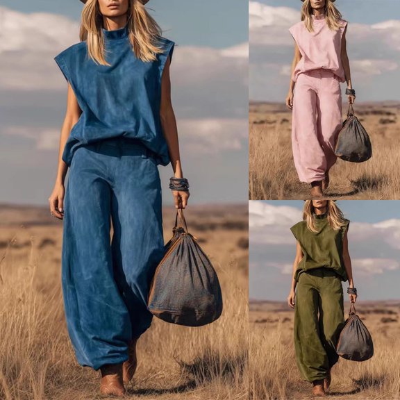 Idoravan Women Sleeveless Mock Neck Western Style Loose Wide Leg Pants Solid Color Casual 2 Piece Set