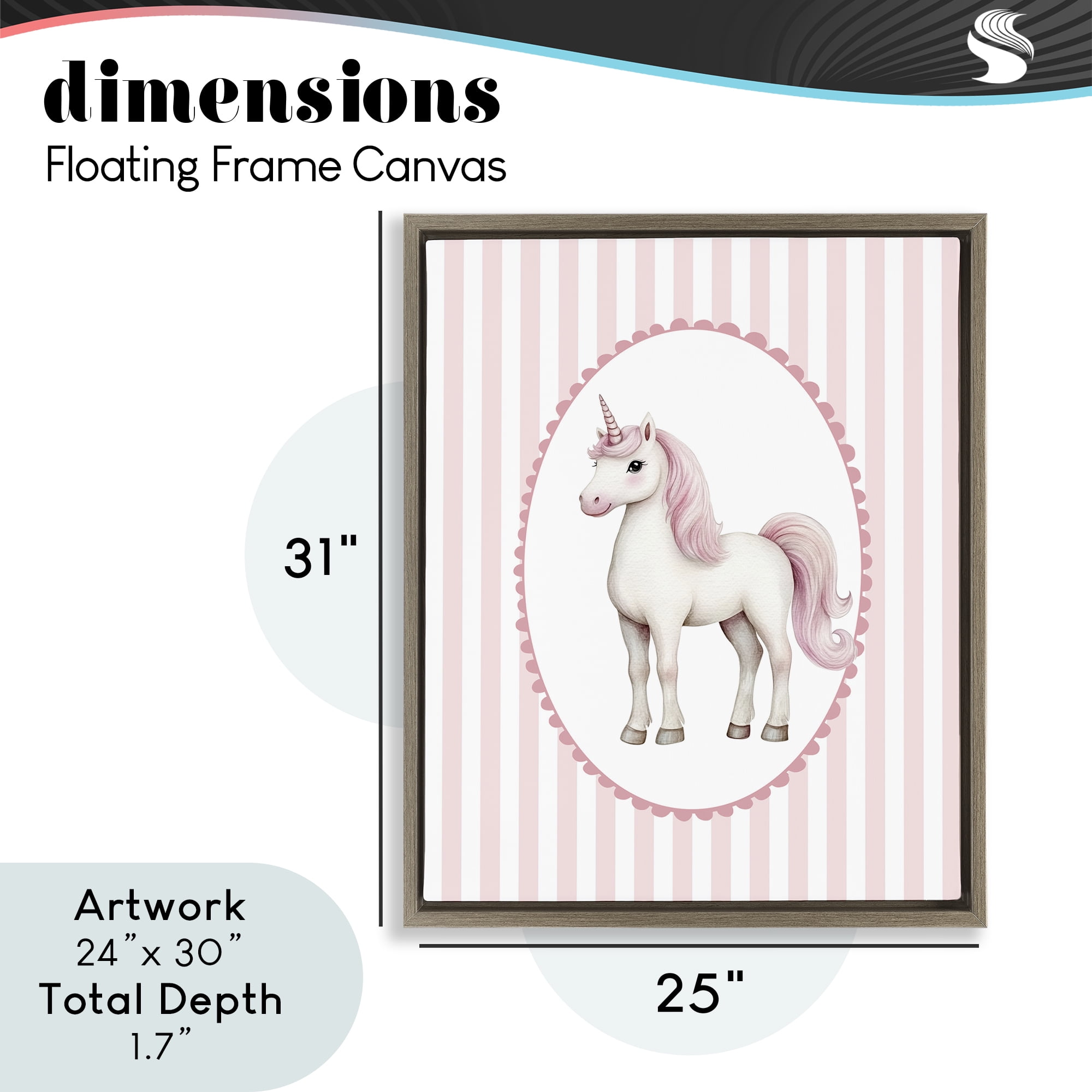 Gentle Unicorn on Pink Stripes Brown Framed Floater Canvas Wall Art, design by Christine Simpson Art