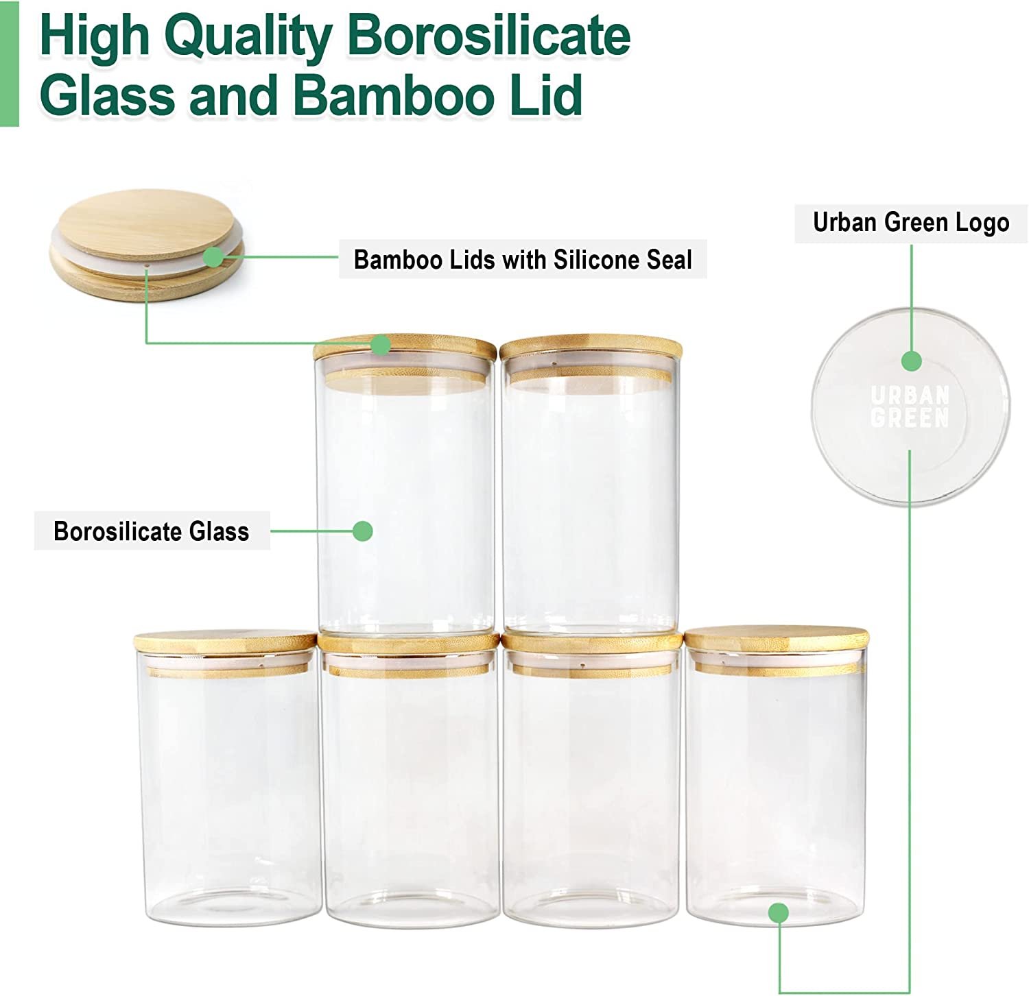 Urban Green Large Kitchen Airtight Glass Jar With Bamboo Lid Reusable Food Storage Container 0097