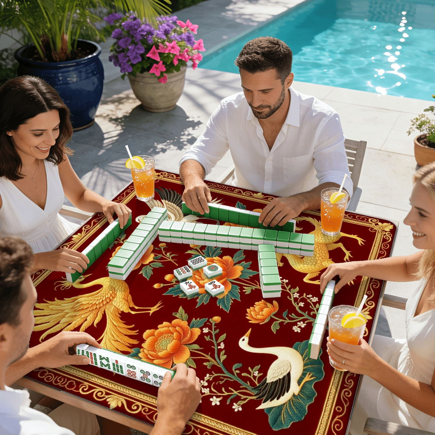 Mahjong Mat 31.5" x 31.5" Golden Crane Blossoming Peonies Ornate Floral Non-Slip Noise Reduction American Mahjong Tiles Table Cover for Dominoes Poker Card Board Games Gift