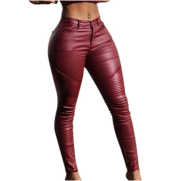 CEHVOM Women's Solid Pleated Leather Trousers Tight-Fitting Stretch  Leggings Trousers Pants 