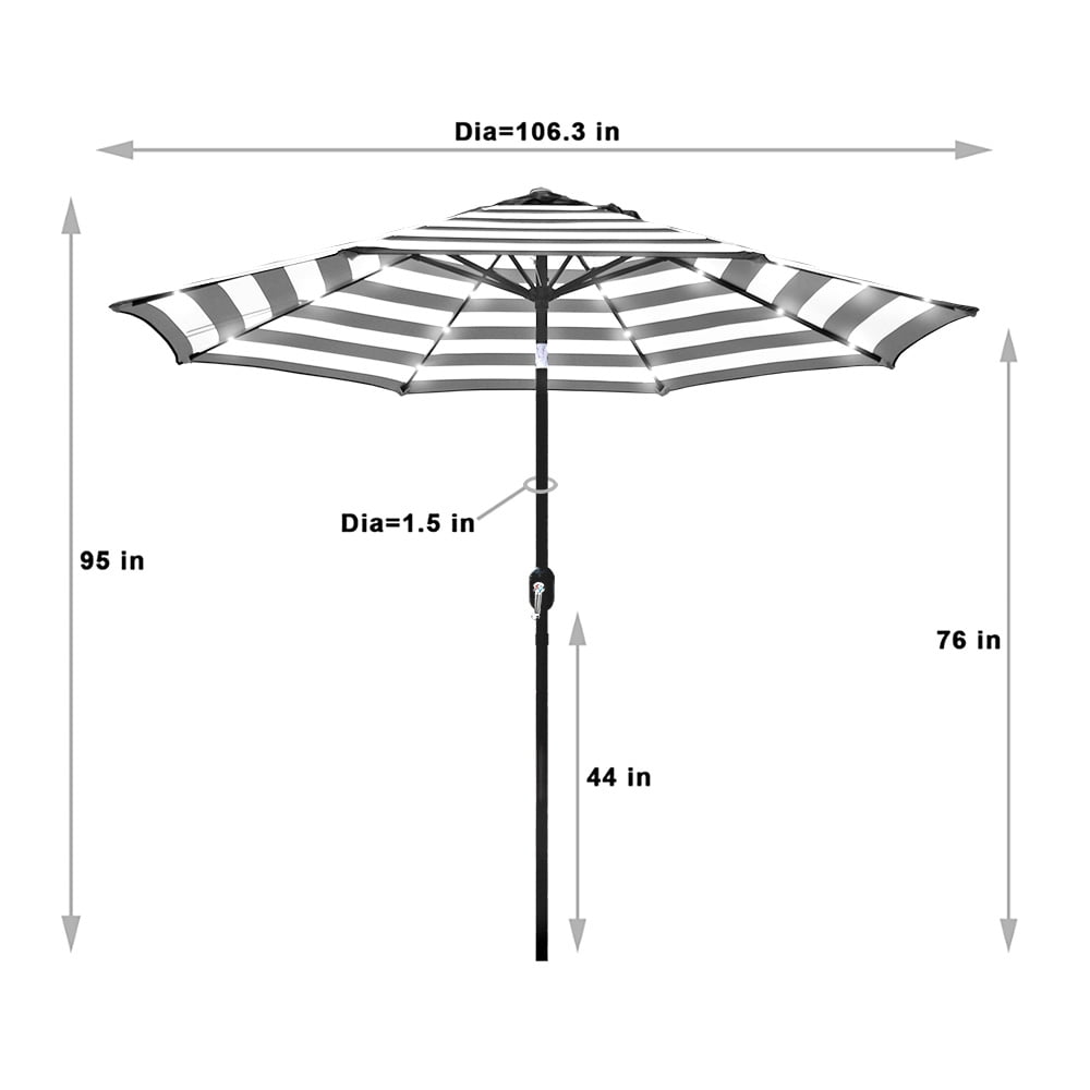 Abble 9' Black and White Striped Octagon Lighted Patio Umbrella, LED Lights