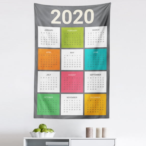 Calendar 2020 Tapestry, Modern Year Plan Months in Various Colored Symmetric Squares, Fabric Wall Hanging Decor for Bedroom Living Room Dorm, 5 Sizes, Purpleblue and Multicolor, by Ambesonne