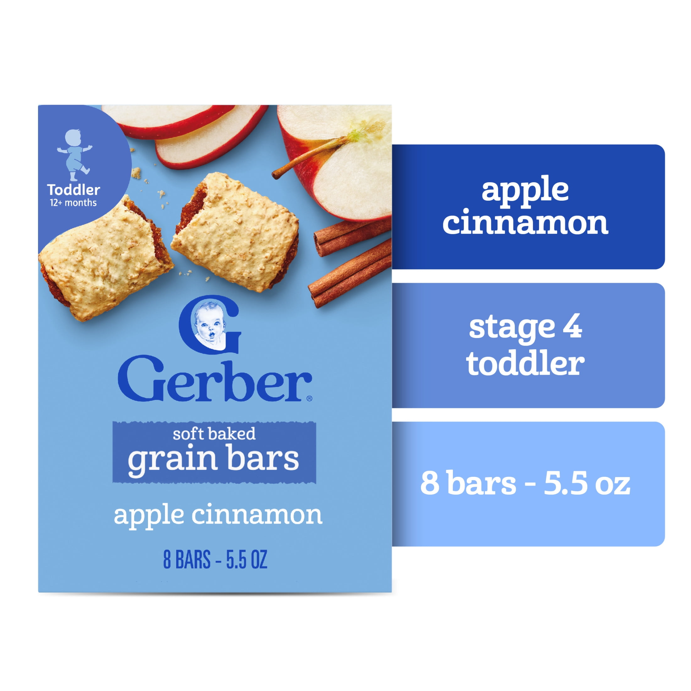 (8 pack) Gerber Soft Baked Grain Bars, Toddler Snacks, Apple Cinnamon Bars, Finger Food, 8PK