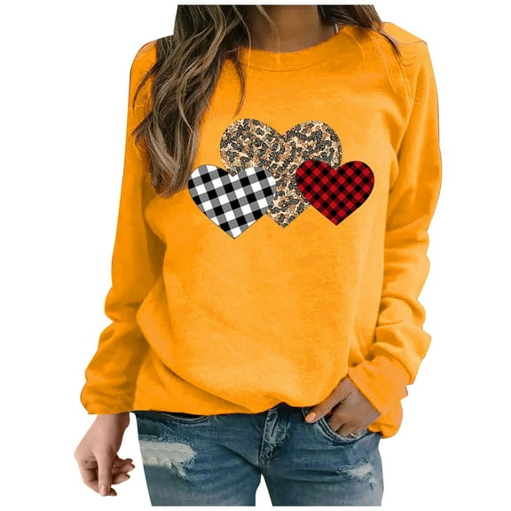 FNFYFH Valentines Sweatshirts Women Leopard Plaid Love Heart Graphic Tees Long Sleeve Crewneck Pullover Tops Valentines Gift