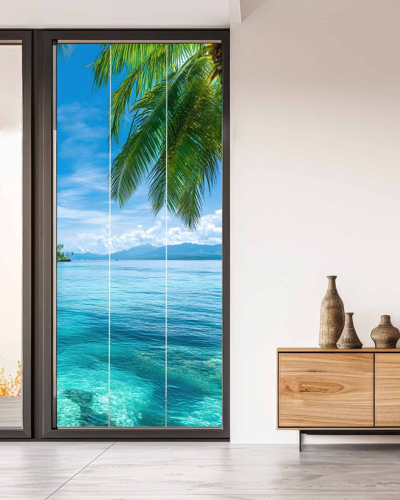 Window Privacy Film Ocean Stained Glass Window Film Decorative Sun Block Window Cover Blue Sky Palm Tree Beach Scenery Forest Shore Window Clings Static Adhesive Sticker for Bathroom 35.4"x78.7"
