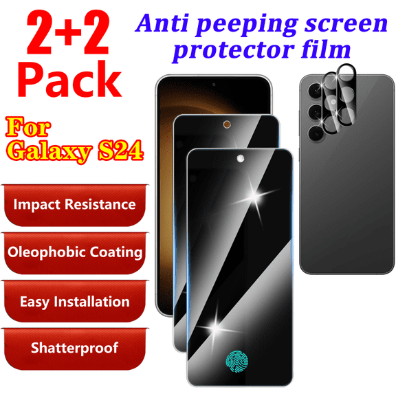 Privacy Screen Protector 2 Pack for Samsung Galaxy S24(6.2 Inch) with Camera Lens Protector 2 Pack, Touch sensitive, full screen coverage, 9H hardness tempered glass, supports fingerprint unlocking