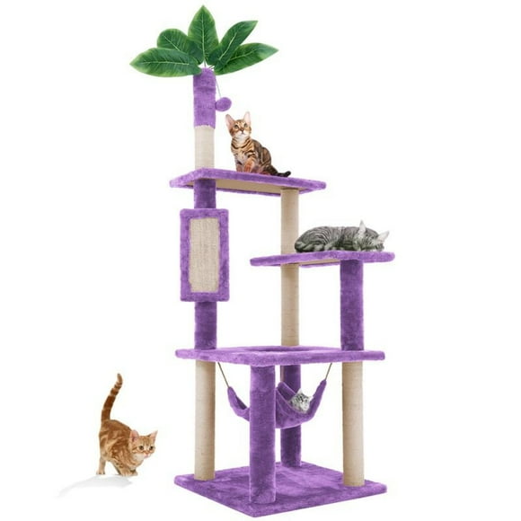 55" Cat Tree / Tower for Indoor Cats with Green Leaves, Cat Condo Cozy Plush Cat House with Hang Ball and Leaf Shape Design, Cat Furniture Pet House with Cat Scratching Posts