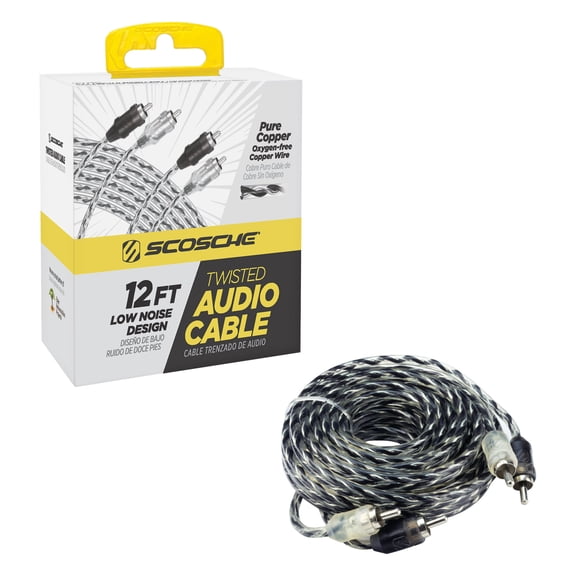 Scosche A12C4-WM1SD 12ft High-Quality 2-Channel Twisted RCA Interconnect Audio Cables Black/Clear