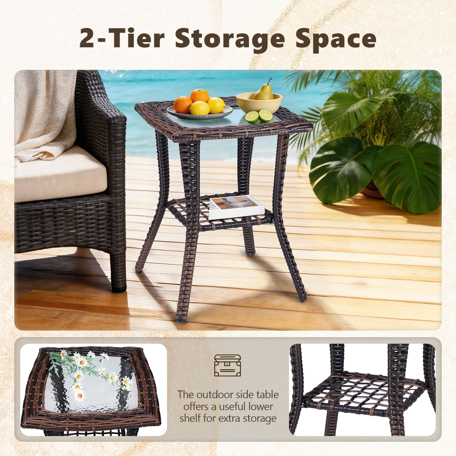 JOYMOR Outdoor Side Table with Storage Wicker, Patio Side Table with Tempered Glass Top End Table for Balcony Porch Deck